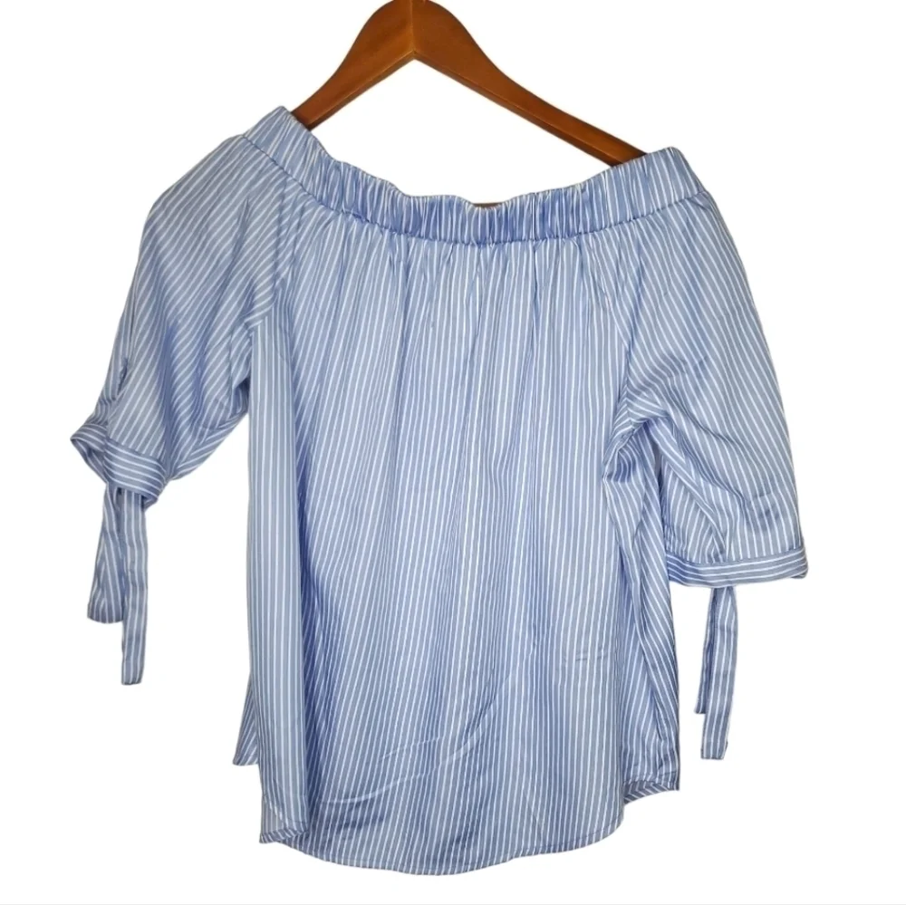 HAUTE Project Stripped Off-the-shoulder Cuff Tie Sleeves Button Blouson Size M - Picture 2 of 6